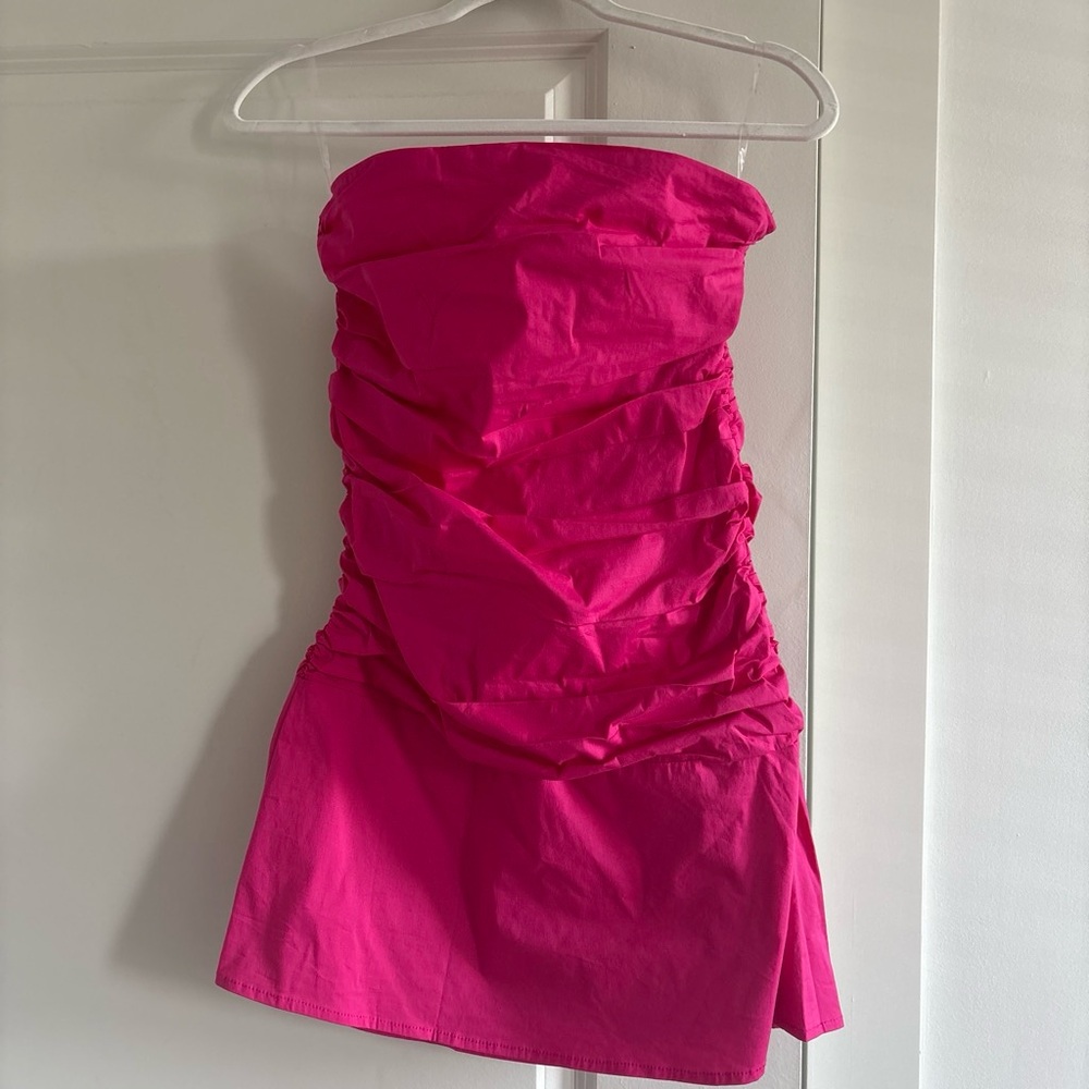 Peppermayo fuchsia strapless mini dress with ruched detailing.